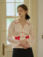 Emiliana V-Neck Polka Dots Bow Contrasting Blouse