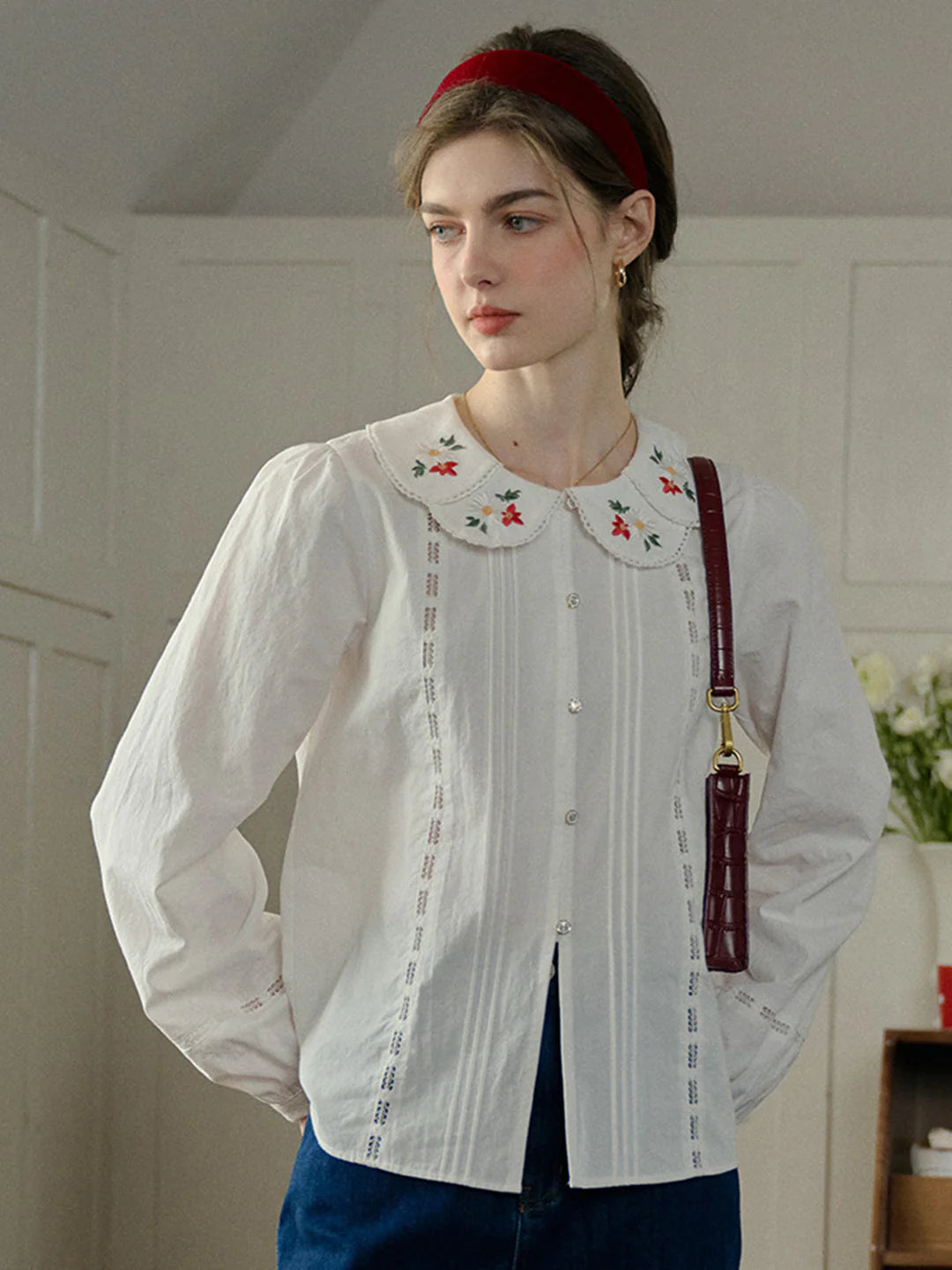 Gracelyn Peter Pan Collar Embroidery Blouse - White