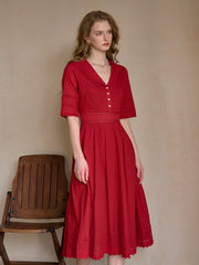 Fiona 100% Cotton Red Midi Dress