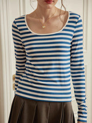 Mavis Striped U-neck Blue Knitted Top