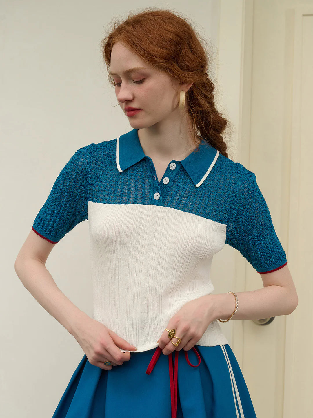 Harmoni Notched Lapel Contrasting Knitted Top