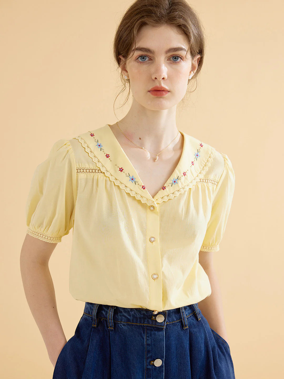 Angelique Embroidered Lapel Puff Sleeve Cotton Shirt