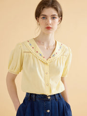 Angelique Embroidered Lapel Puff Sleeve Cotton Shirt