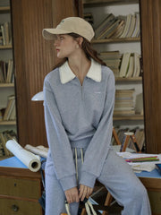 Amoura SR Logo Embroidered Contrast Color Lace Lapel Cotton Sweatshirt