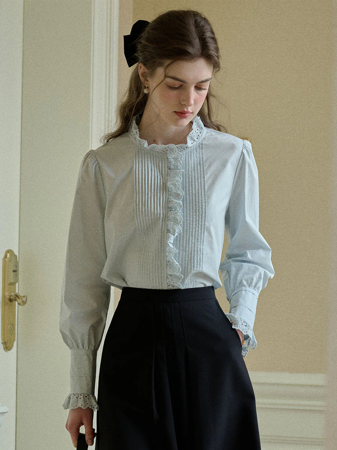 Jordyn Hollow Lace Patchwork Crew Neck Blouse