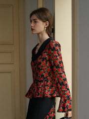 Kamiyah Elegant Notched Lapel Contrasting Floral Blouse