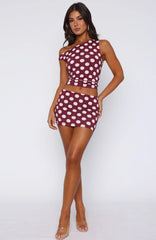 Late Nights Mini Skirt Burgundy Polka Dot