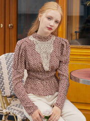 Scarlett Maple Leaf Print Waist-Cinching Lace Contrast Blouse