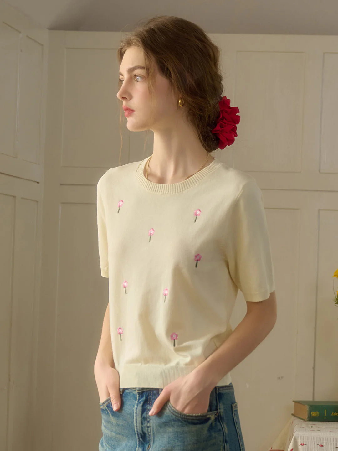 Lillie Round Neck Embroidery Knit Top