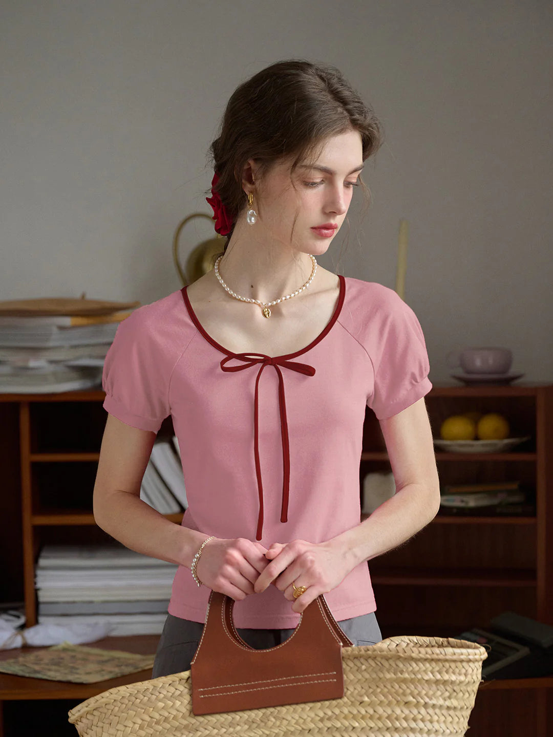 Ayra Round Neck Tie-Dye Short Sleeve Knit T-Shirt With Shoulder Insert - Pink