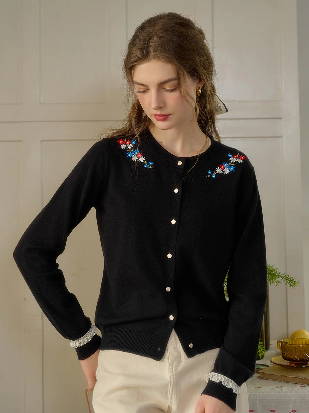 Daisy Round Neck Embroidered Cardigan