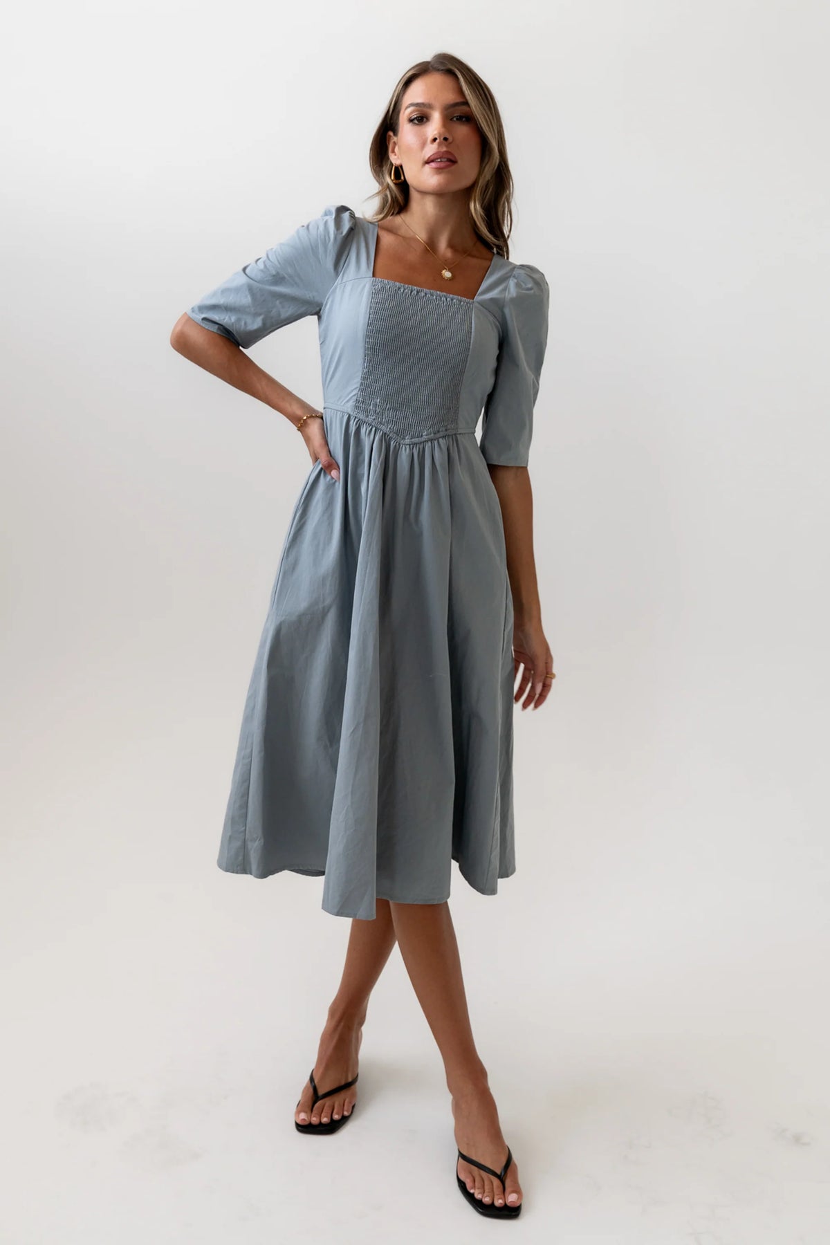 Paisley Smocked Midi Dress in Slate Blue