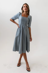 Paisley Smocked Midi Dress in Slate Blue