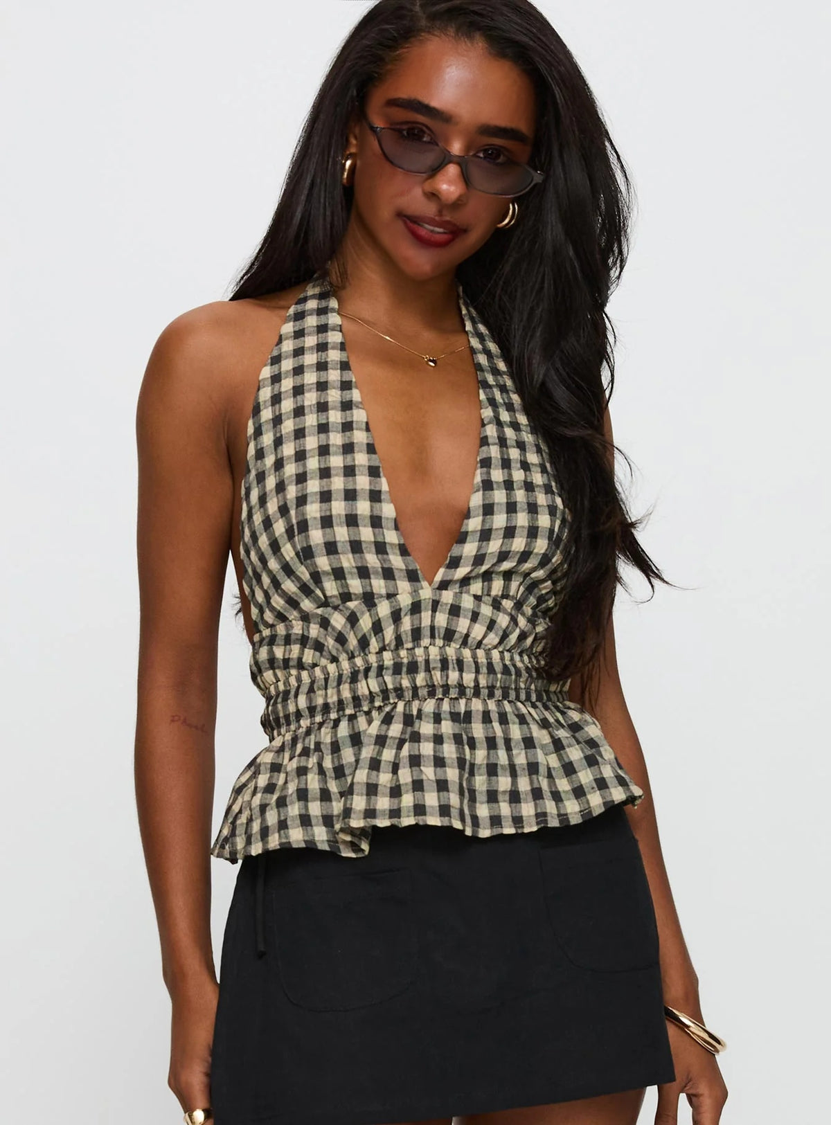 Brown/Black Check Halter Neck Top