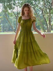 Dakota Round Neck Pleated Puff Sleeves Lyocell Dress