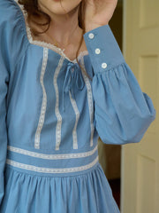 Jazmine Square Collar Trimmed Lace-up Bow Long Sleeve Cotton Dress