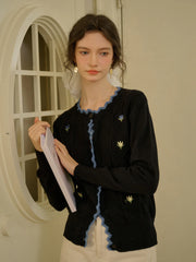 Quincy Standing Collar Colour-Crossing Lace Embroidery Cardigan