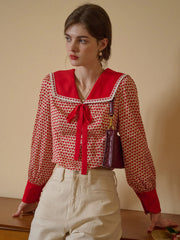 Liberty Navy Collar Contrasting Bow Heartcore Blouse