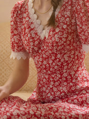 Amelia V-Neck Lace Floral Dress - Red