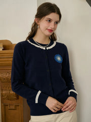 Faye Women's Embroidered Color-Block Round Neck Cardigan