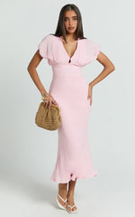 Desiree Midi Dress - V Neck Flutter Short Sleeve Slip Dress in Pink