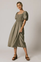 Janie Smocked Midi Dress in Olive