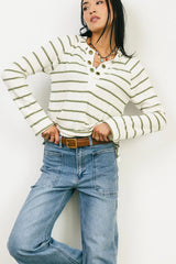 Franny Striped Grommet Top in Olive