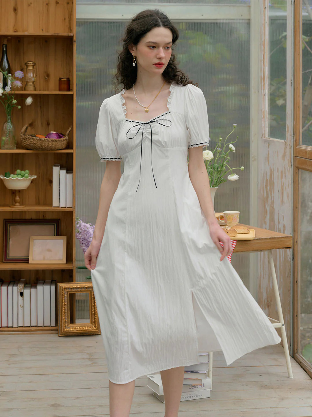 Edith Square Neck Contrast Bow Puff Sleeves Slit Hem Dress