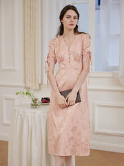 Kora Retro Floral Jacquard Pink Tea Length Dress