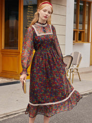 Isabel Floral Print Guipure Lace Insert Flounce Sleeve Ruffle Hem Dress