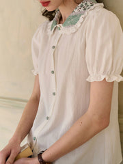 Alondra Lace Floral Contrast Doll Collar Puff Sleeve Cotton Blouse