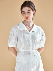 Savanna Simple Little Daisy Embroidered White Blouse