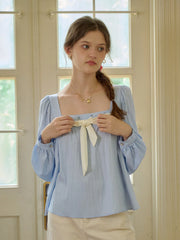 Lilia Square Collar Bow Light Blue Blouse