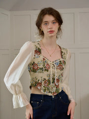 Hana French Square Neck Bow Bell Sleeve Floral Patchwork Eedwardian Style Top