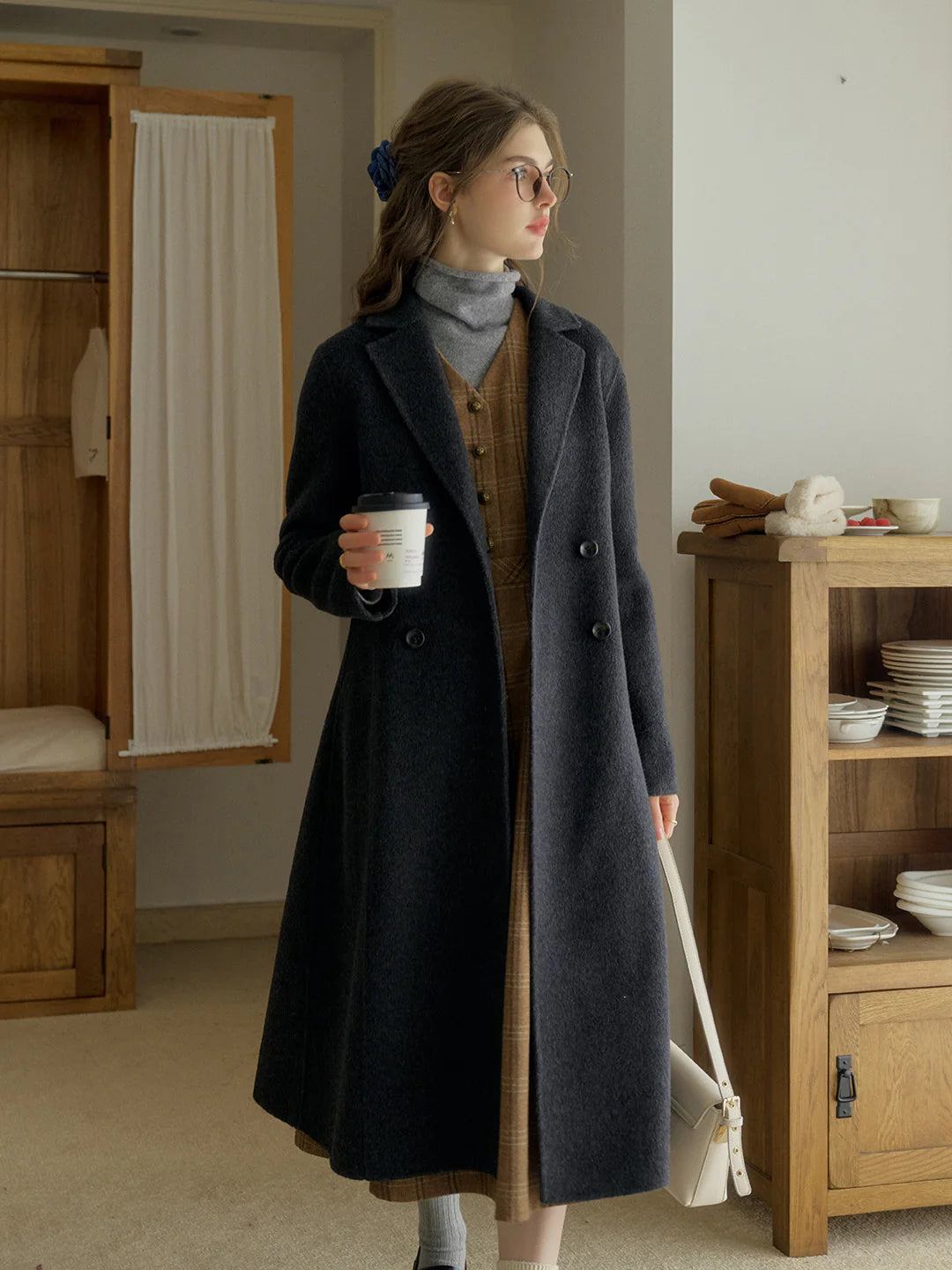 Tressa Notched Lapel A-Line Double-Breasted Button Wool Coat