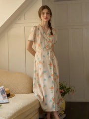 Louisa Ruffle V-Neck Floral Waist Dress - Apricot