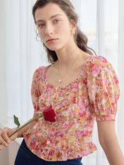 Katalina Floral Print Ruched Front Ruffle Hem Blouse