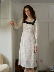 Mazie Square Collar Polka Dots Contrasting Lace-up Dress