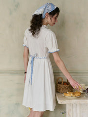 Katie Lace Round Neck Striped Floral Contrast Puff Sleeve Patchwork Cotton Dress