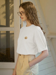 Journey Puppy Applique Round Neck Short Sleeve Casual T-Shirt - White