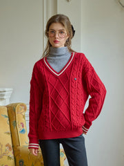Reese V-Neck Constraing Ribbed Wool Sweater - Red