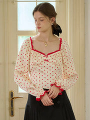 Ashlynn Square Collar Contrasting Polka Dots Bow Blouse