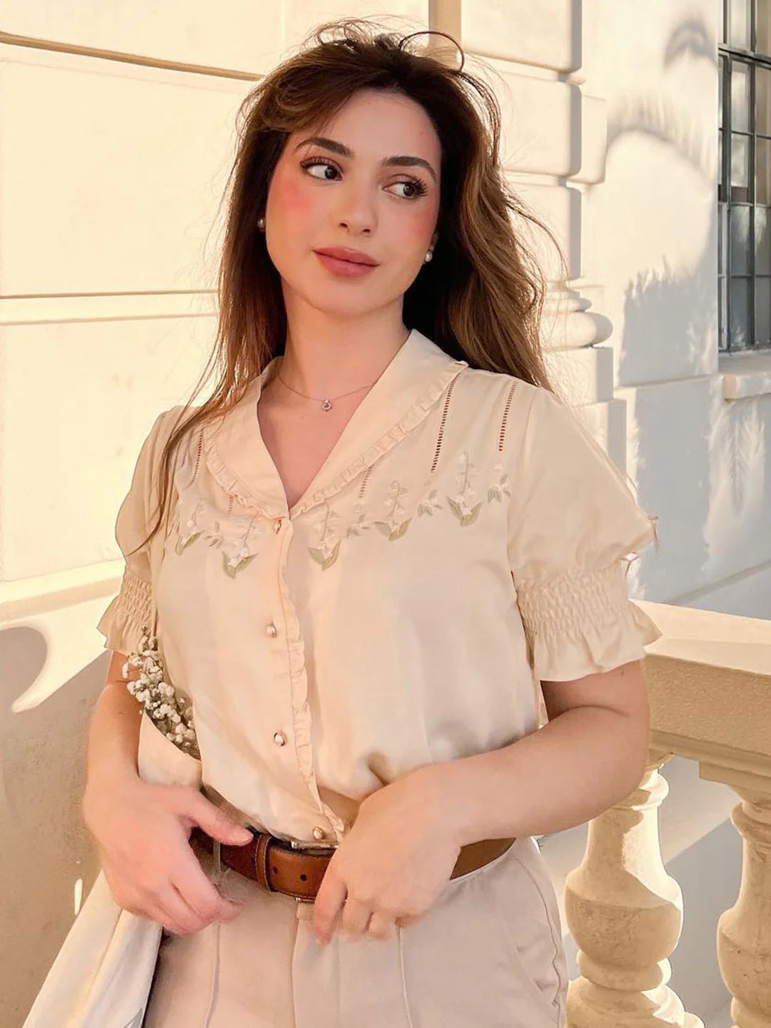 Convallaria Floral Embroidered Yellow Puff Top