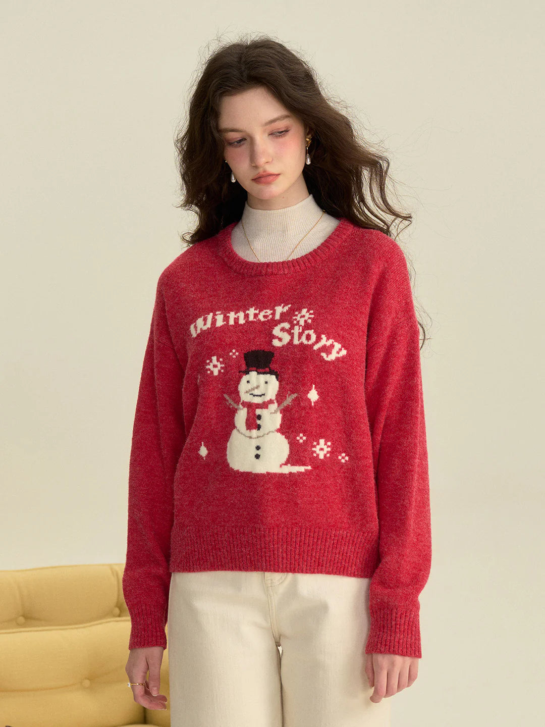 Natalie Round Neck Snowman Wool Sweater
