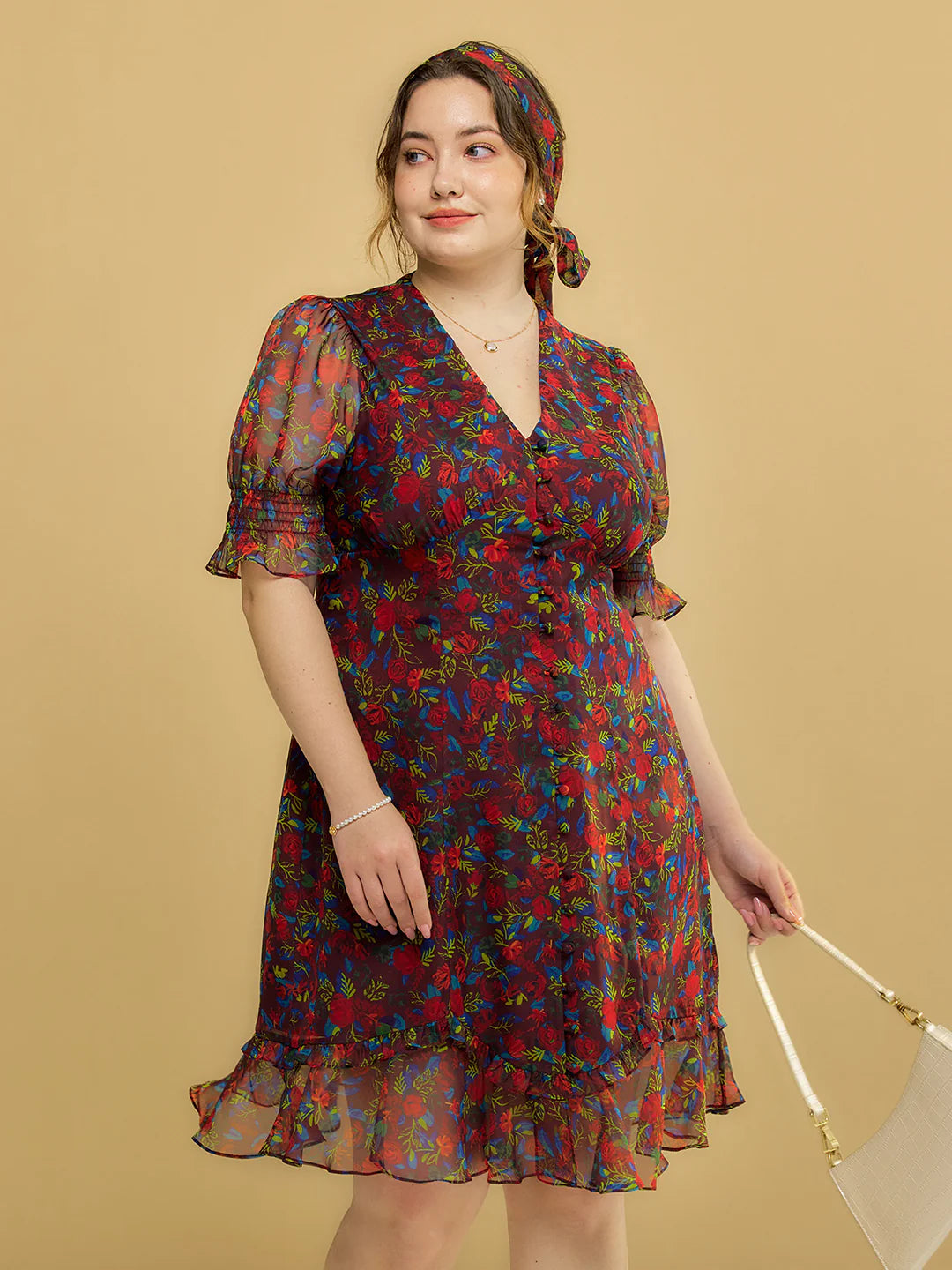 Plus Size Kora Floral Printed Maxi Dress-Dark Red