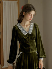 Megan Contrast Lace Lapel Cuffs Lace Splicing Velvet Blouse - Green