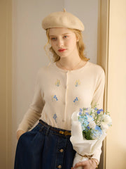 Sarahi Simple Round Neck Embroidery Cardigan