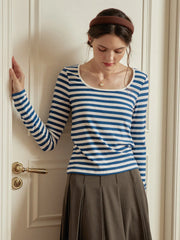 Mavis Striped U-neck Blue Knitted Top