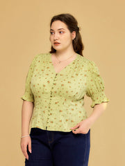 Blessing V-Neck Floral Puff Sleeves Top