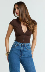 Cap Sleeve Slit Neck Zip Front Chocolate Top